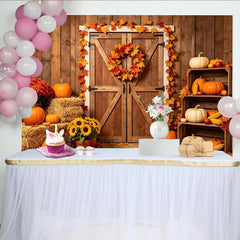 Lofaris Toile de fond d'automne rustique citrouilles et feuilles, décor de porte de grange pour studio photo et Thanksgiving