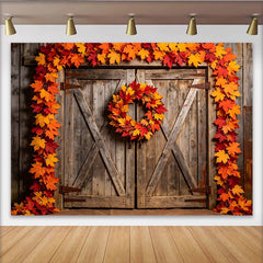 Lofaris Toile de fond automne feuilles d'érable et porte en bois rustique, magnifique arrière-plan pour studio photo professionnel