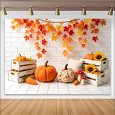 Lofaris Toile de fond de photographie d'automne avec feuilles d'érable et citrouilles, décor rustique pour studio photo avec tournesols