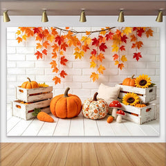 Lofaris Toile de fond de photographie d'automne avec feuilles d'érable et citrouilles, décor rustique pour studio photo avec tournesols