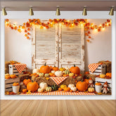 Lofaris Toile de fond de Thanksgiving rustique avec citrouilles et balles de foin, décor d'automne pour photographie et célébrations