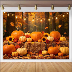Lofaris Toile de fond d'automne avec citrouilles et guirlande lumineuse, arrière-plan rustique pour la récolte et la photographie de saison