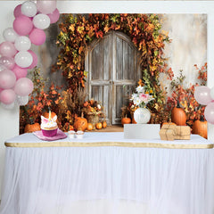 Lofaris Toile de fond d'automne avec porte en bois rustique et citrouilles, feuilles colorées, arrière-plan de récolte pour studio photo