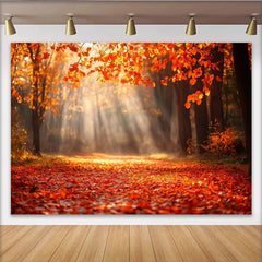 Lofaris Toile de fond de photographie paysage d'automne avec feuilles rouges et rayons de soleil, pour studio photo et portraits artistiques