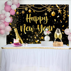 Lofaris Toile de fond du Nouvel An noir et or avec paillettes et champagne, magnifique arrière-plan pour célébration festive et séance photo