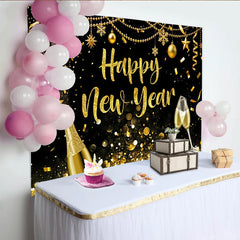 Lofaris Toile de fond du Nouvel An noir et or avec paillettes et champagne, magnifique arrière-plan pour célébration festive et séance photo
