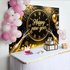 Lofaris Toile de fond joyeux nouvel an avec horloge dorée et feux d'artifice, élégant arrière-plan de fête pour célébration et photographie