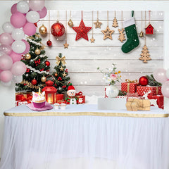 Lofaris Toile de fond de Noël festive avec sapins décorés et cadeaux, magnifique arrière-plan en bois blanc pour studio photo