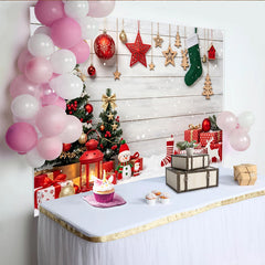 Lofaris Toile de fond de Noël festive avec sapins décorés et cadeaux, magnifique arrière-plan en bois blanc pour studio photo