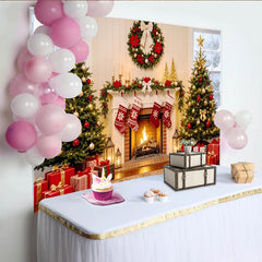Lofaris Toile de fond de Noël cheminée décorée sapins et cadeaux, élégant arrière-plan de fête pour studio photo et célébrations