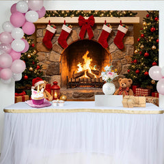 Lofaris Toile de fond de Noël cheminée avec sapins illuminés et chaussettes, magnifique arrière-plan pour studio photo et célébrations