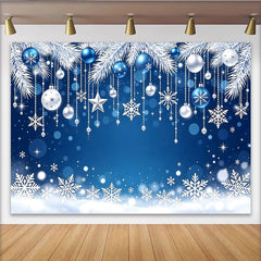 Lofaris Toile de fond de Noël bleu et argent avec flocons de neige et branches givrées, élégant arrière-plan hivernal pour studio photo
