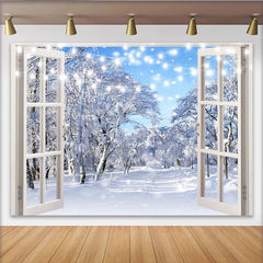 Lofaris Toile de fond d'hiver fenêtre ouverte avec neige et lumières, magnifique studio photo et décoration de fête de fin d'année