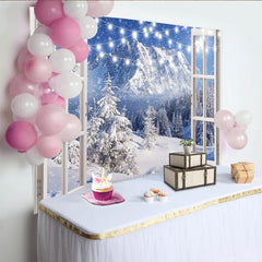 Lofaris Toile de fond de Noël fenêtre ouverte et guirlande lumineuse, magnifique arrière-plan de montagne enneigée pour studio photo