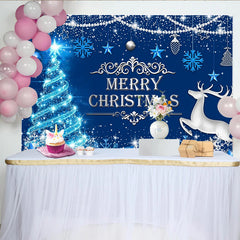 Lofaris Toile de fond Joyeux Noël bleue avec sapin scintillant et renne, décor d'hiver avec flocons et cadeaux pour séance photo