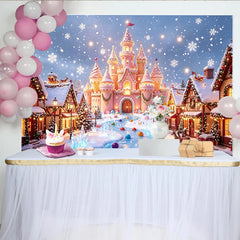 Lofaris Toile de fond du Nouvel An avec château rose et village hivernal enneigé, magnifique arrière-plan de fête pour studio photo