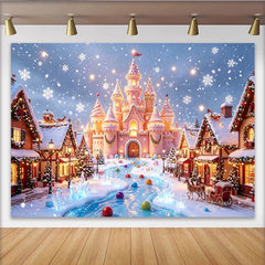 Lofaris Toile de fond du Nouvel An avec château rose et village hivernal enneigé, magnifique arrière-plan de fête pour studio photo