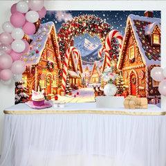 Lofaris Toile de fond de Noël village en pain d'épices avec Père Noël et neige, décor d'hiver féerique avec sucres d'orge pour studio photo