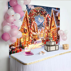 Lofaris Toile de fond de Noël village en pain d'épices avec Père Noël et neige, décor d'hiver féerique avec sucres d'orge pour studio photo