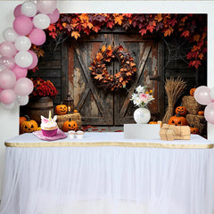 Lofaris Toile de fond d'Halloween rustique avec citrouilles et feuilles d'automne, arrière-plan de porte en bois pour fête effrayante