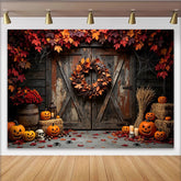 Lofaris Toile de fond d'Halloween rustique avec citrouilles et feuilles d'automne, arrière-plan de porte en bois pour fête effrayante