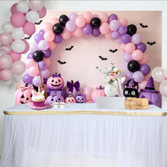Lofaris Toile de fond d'Halloween pastel avec ballons roses et violets, décor festif avec citrouilles et fantôme pour fête d'enfants