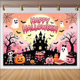 Lofaris Toile de fond d'Halloween rose avec château hanté et fantômes mignons, décor de fête pour enfants et studio photo