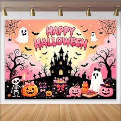 Lofaris Toile de fond d'Halloween rose avec château hanté et fantômes mignons, décor de fête pour enfants et studio photo