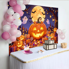 Lofaris Toile de fond d'Halloween avec citrouilles lumineuses, fantômes et pleine lune, magnifique décor de fête pour enfants et studio photo