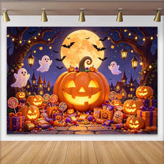Lofaris Toile de fond d'Halloween avec citrouilles lumineuses, fantômes et pleine lune, magnifique décor de fête pour enfants et studio photo