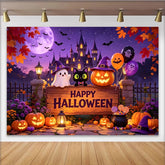 Lofaris Toile de fond d'Halloween avec fantôme mignon, citrouilles lumineuses et château hanté, décor de fête violet pour studio photo