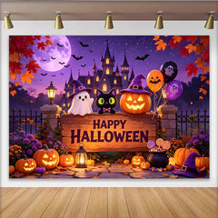 Lofaris Toile de fond d'Halloween avec fantôme mignon, citrouilles lumineuses et château hanté, décor de fête violet pour studio photo