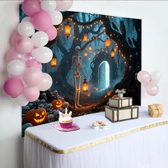 Lofaris Toile de fond d'Halloween forêt hantée avec squelettes et citrouilles lumineuses, magnifique décor mystérieux pour fête et studio photo