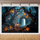 Lofaris Toile de fond d'Halloween forêt hantée avec squelettes et citrouilles lumineuses, magnifique décor mystérieux pour fête et studio photo