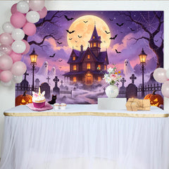 Lofaris Toile de fond d'Halloween maison hantée pleine lune et fantômes, effrayant avec citrouilles chauves-souris pour studio photo