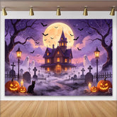 Lofaris Toile de fond d'Halloween maison hantée pleine lune et fantômes, effrayant avec citrouilles chauves-souris pour studio photo