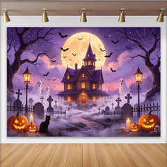 Lofaris Toile de fond d'Halloween maison hantée pleine lune et fantômes, effrayant avec citrouilles chauves-souris pour studio photo