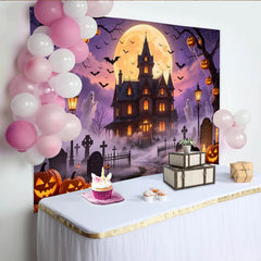 Lofaris Toile de fond d'Halloween maison hantée pleine lune et citrouilles, effrayant décor de cimetière avec fantômes pour soirée à thème