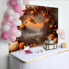 Lofaris Toile de fond d'Halloween avec citrouilles et feuilles d'automne, décor effrayant de forêt brumeuse et chauves-souris pour fête