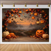 Lofaris Toile de fond d'Halloween avec citrouilles sculptées et chauves-souris, décor de forêt brumeuse pour fête d'automne et séance photo