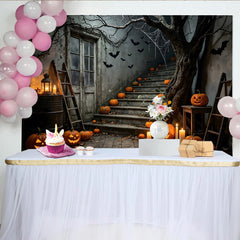 Lofaris Toile de fond d'Halloween avec citrouilles lumineuses et chauves-souris, décor rustique pour fête et studio photo