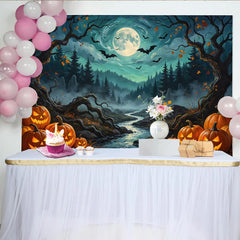 Lofaris Toile de fond d'Halloween citrouilles lumineuses et chauves-souris, décor de forêt hantée pour fête ou studio photo