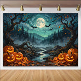 Lofaris Toile de fond d'Halloween citrouilles lumineuses et chauves-souris, décor de forêt hantée pour fête ou studio photo