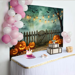 Lofaris Toile de fond d'Halloween avec citrouilles sculptées et chauves-souris volantes, ambiance mystérieuse pour décor de fête
