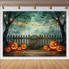 Lofaris Toile de fond d'Halloween avec citrouilles sculptées et chauves-souris volantes, ambiance mystérieuse pour décor de fête