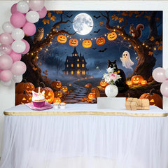 Lofaris Toile de fond d'Halloween avec citrouilles lumineuses et maison hantée, arrière-plan de nuit effrayante pour fête et studio photo