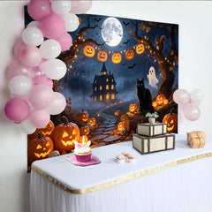 Lofaris Toile de fond d'Halloween avec citrouilles lumineuses et maison hantée, arrière-plan de nuit effrayante pour fête et studio photo