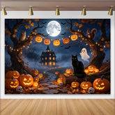Lofaris Toile de fond d'Halloween avec citrouilles lumineuses et maison hantée, arrière-plan de nuit effrayante pour fête et studio photo