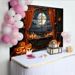 Lofaris Toile de fond de Halloween avec citrouilles lumineuses et pleine lune, arrière-plan effrayant pour décoration de fête et studio photo