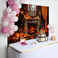 Lofaris Toile de fond d'Halloween avec cheminée citrouilles et toiles d'araignée, décor effrayant pour soirée à thème et studio photo